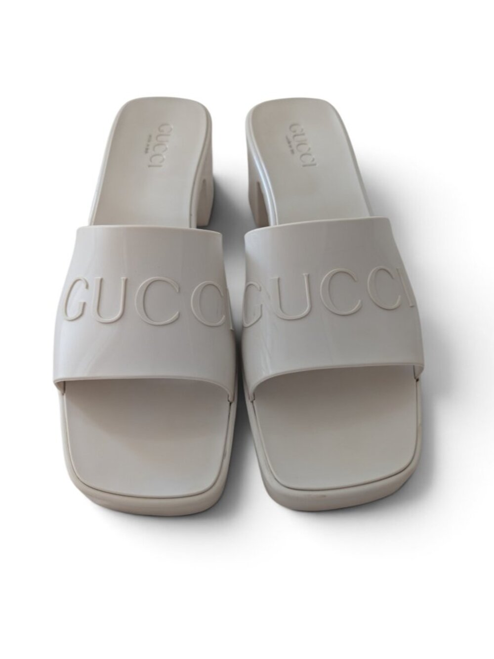 Gucci Logo Rubber Slide Mules Size 40/10 White EUC